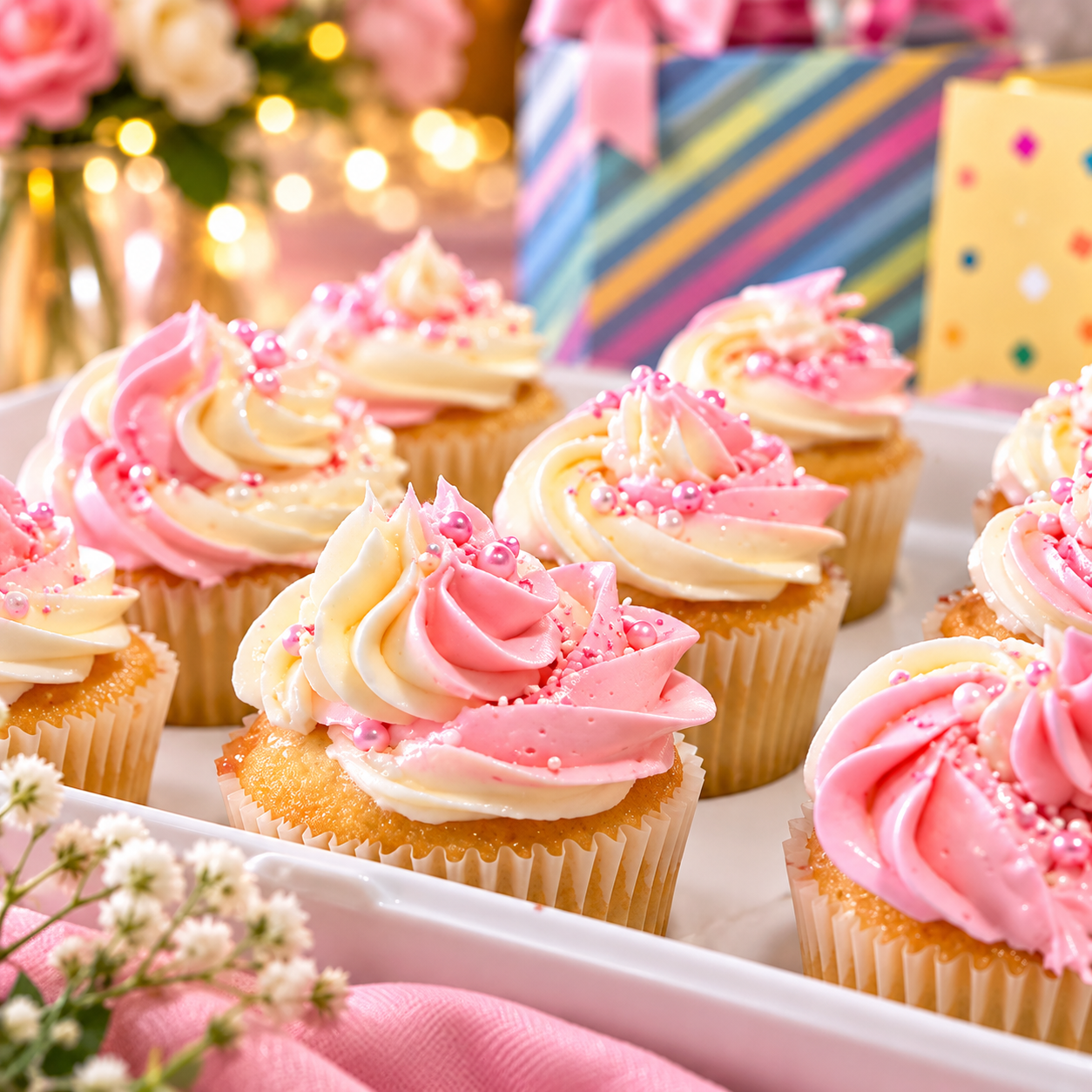 Pink and white decorated cupcakes