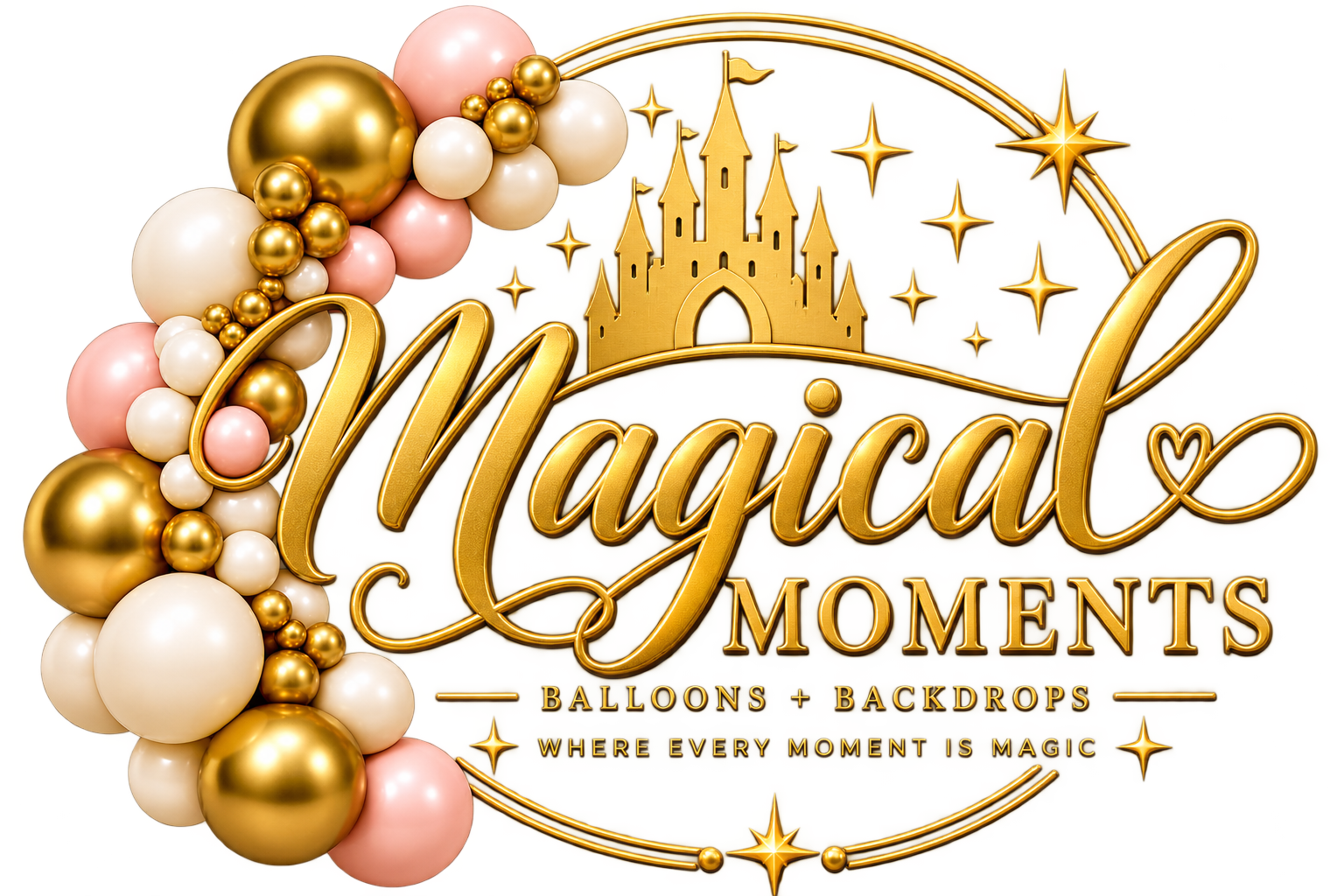 Magical Moments logo with pink, white and gold balloons
